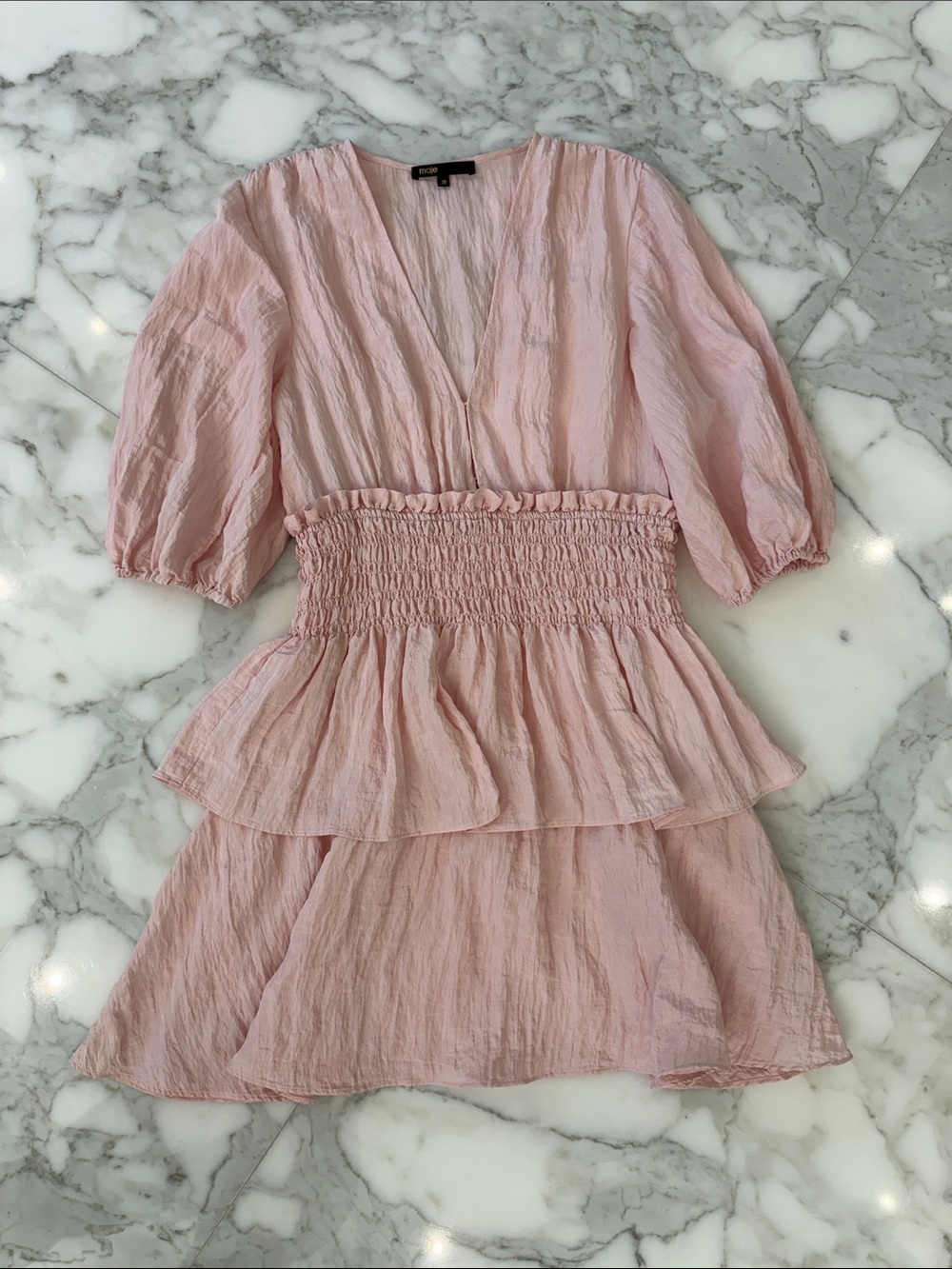 Maje Light Pink Smocked-Waist Tiered Mini Dress